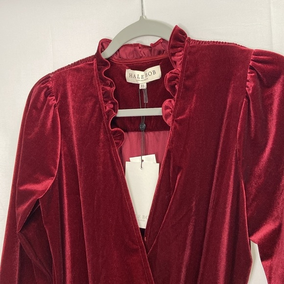 Hale Bob Manon Shirred Velvet Faux Wrap Mini Dress Burgundy Size XS NWT - Picture 5 of 8